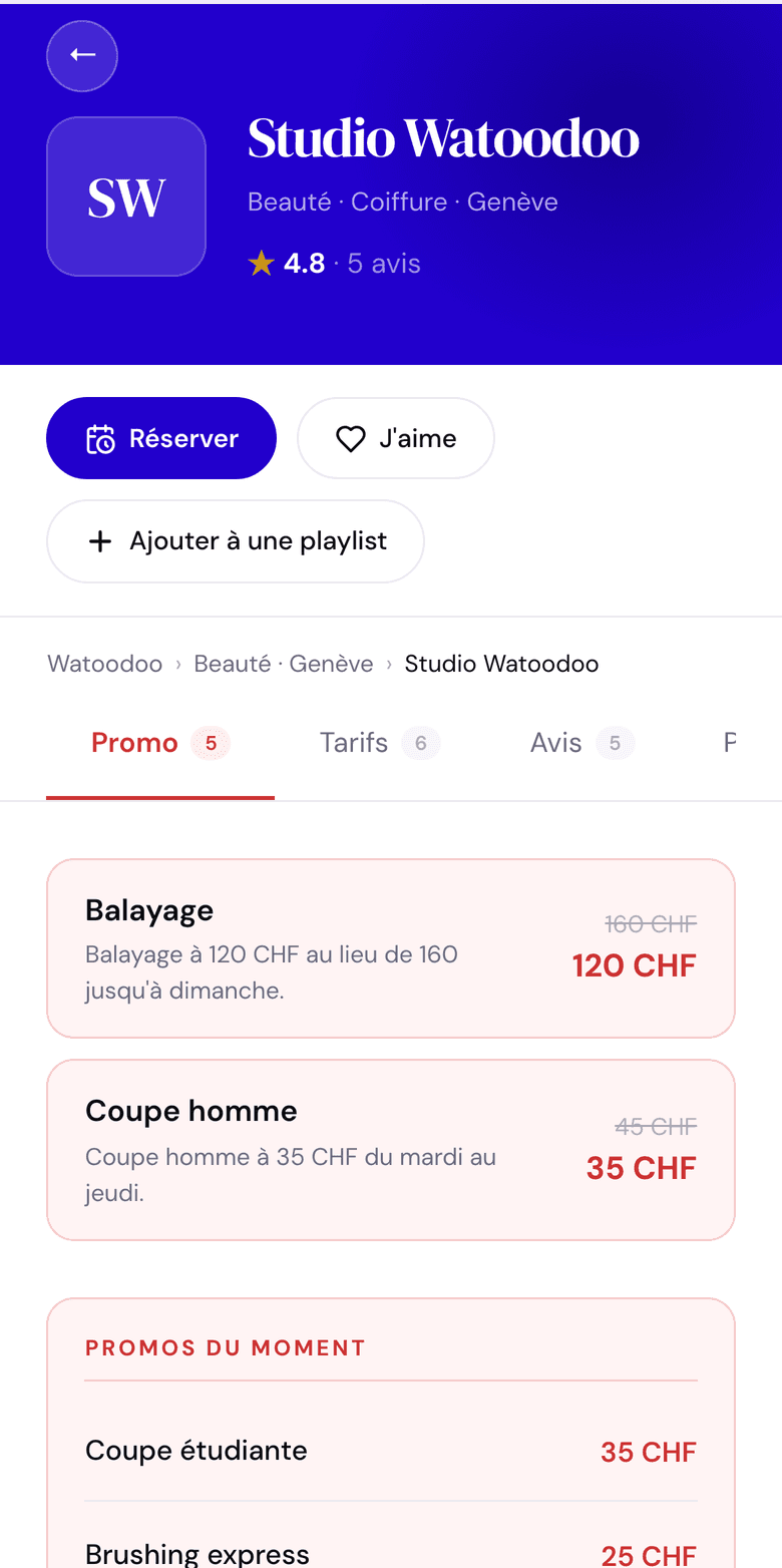 Fiche publique d'un salon sur Watoodoo, avec ses promos